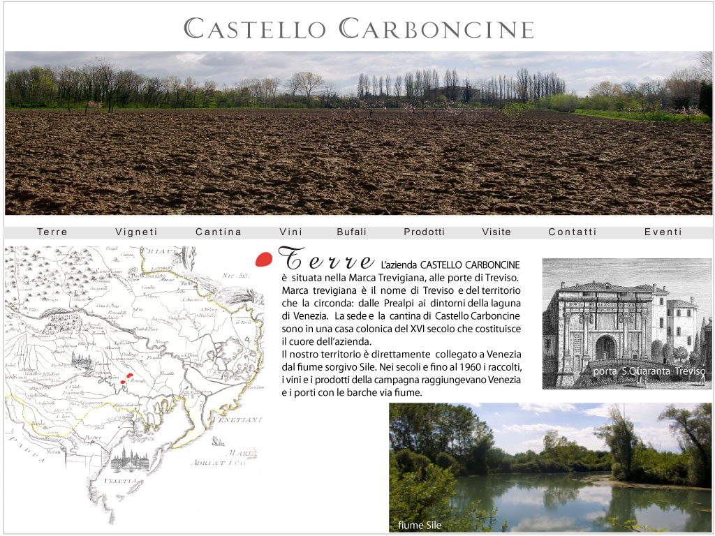 L’azienda  CASTELLO  CARBONCINE    è  situata nella Marca Trevigiana, alle porte di Treviso.     Marca  trevigiana  è  il  nome  di  Treviso  e del territorio  che  la  circonda:  dalle  Prealpi  ai  dintorni della laguna  di  Venezia.   La sede e  la  cantina di  Castello Carboncine  sono in una casa colonica del XVI secolo che costituisce il cuore dell’azienda. Il nostro territorio è direttamente  collegato a Venezia  dal fiume sorgivo Sile. Nei secoli e fino al 1960 i raccolti,  i vini e i prodotti della campagna raggiungevano Venezia  e i porti con le barche via fiume. 