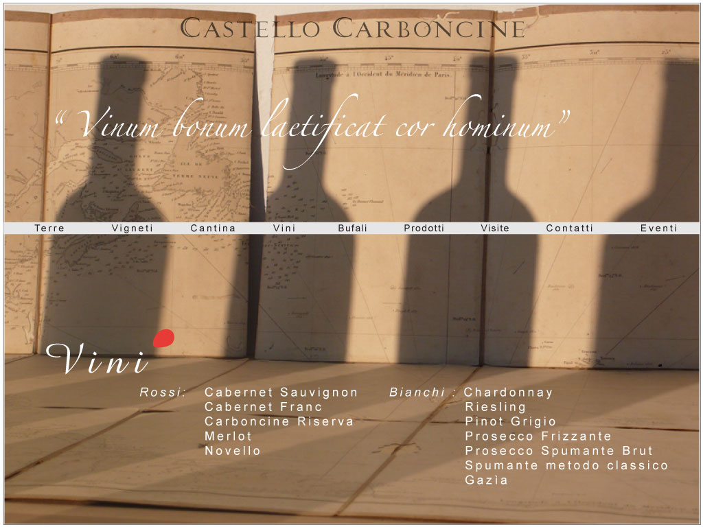 White :   Chardonnay              Riesling              Pinot Grigio              Prosecco Frizzante              Prosecco Spumante Brut              Spumante metodo classico              Gazìa   Red:   Cabernet Sauvignon          Cabernet Franc          Carboncine Riserva          Merlot          Novello Vinum bonum laetificat cor hominum  foto bruno frontino